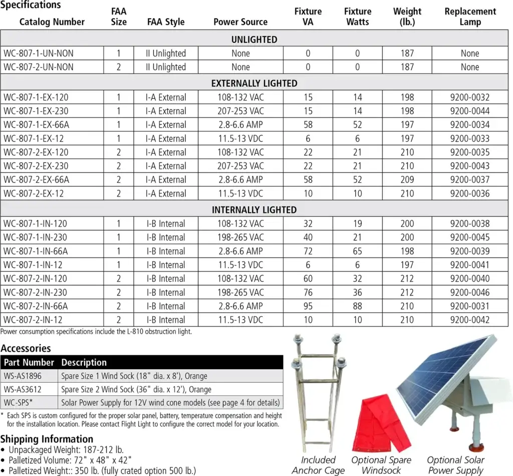 L-807 WC Series Wind Cone Rigid specifications